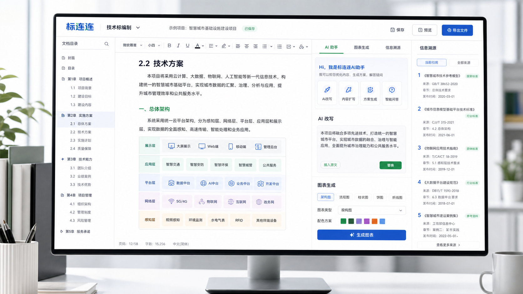 标连连 AI 技术标编制工作台界面，包含 Word 式正文、AI 助手、信息溯源与图表生成面板